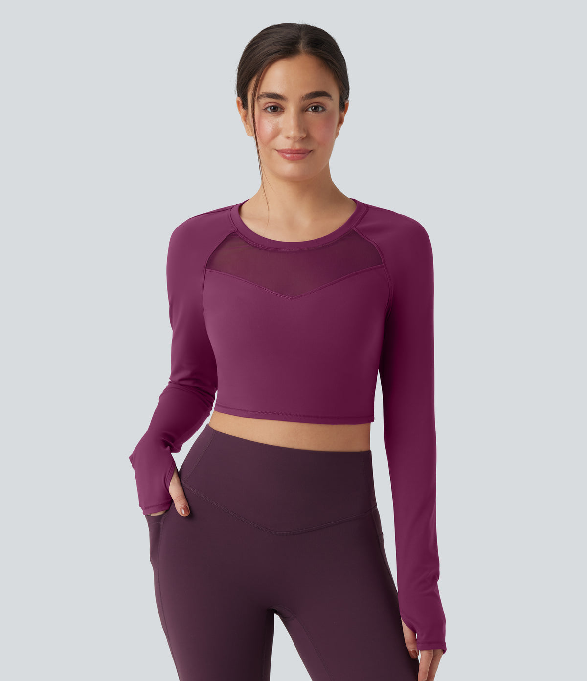Plush Long Sleeve Thumb Hole Contrast Mesh Cropped Yoga Sports Top — Ume Purple — view 1
