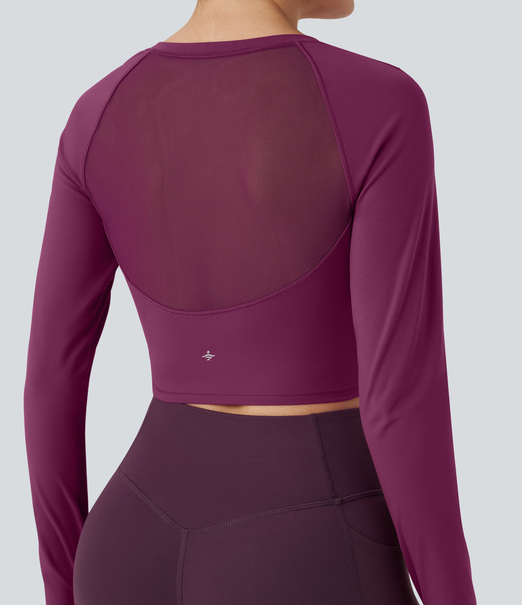 Plush Long Sleeve Thumb Hole Contrast Mesh Cropped Yoga Sports Top — Ume Purple — view 6