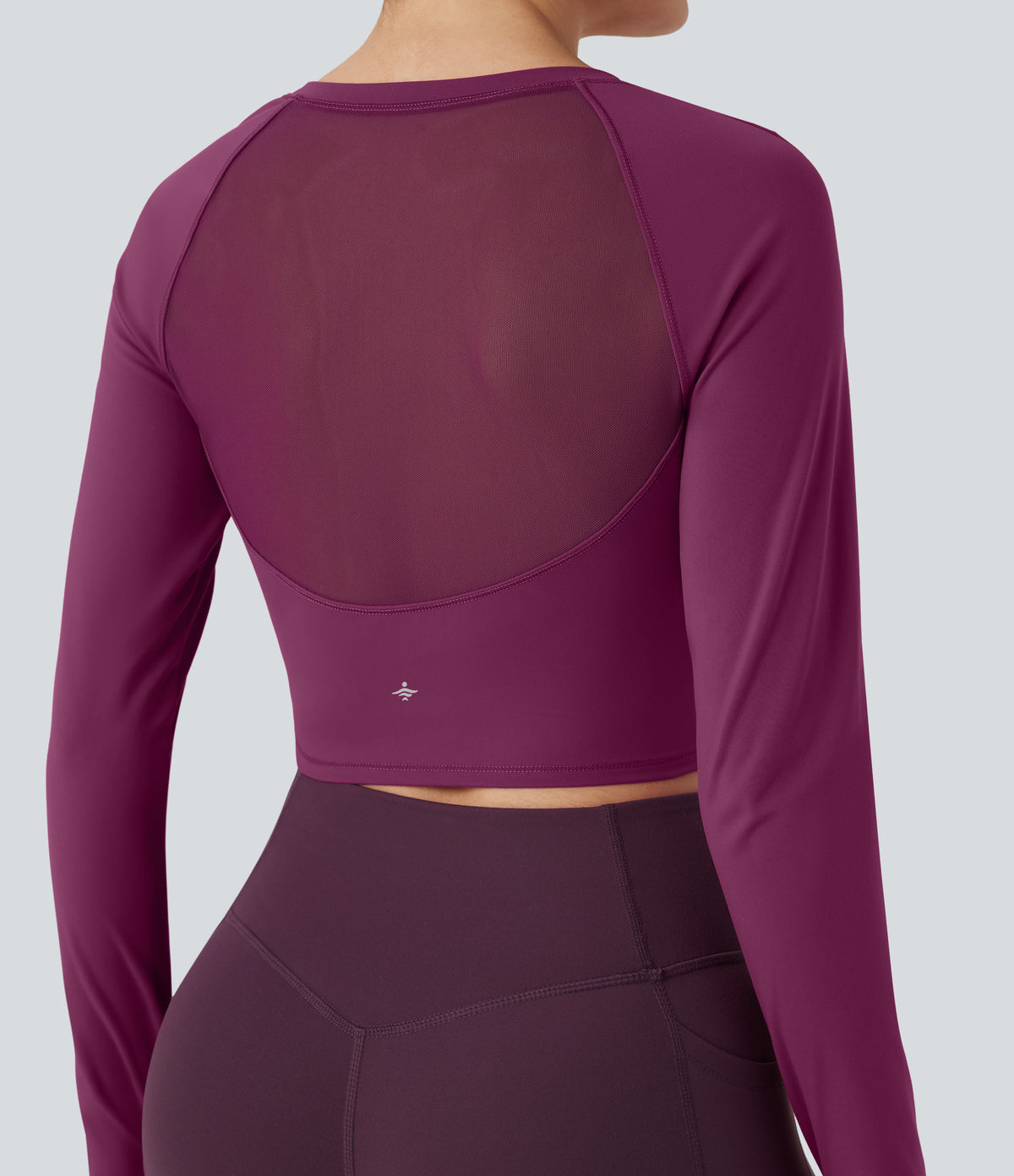 Plush Long Sleeve Thumb Hole Contrast Mesh Cropped Yoga Sports Top — Ume Purple — view 6