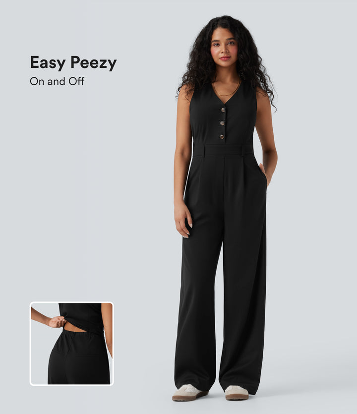 V-neck Sleeveless Casual Vest Jumpsuit with Pockets — Black — view 1