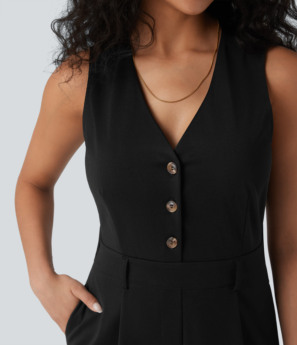 V-neck Sleeveless Casual Vest Jumpsuit with Pockets — Black — view 5
