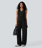 V-neck Sleeveless Casual Vest Jumpsuit with Pockets — Black — view 7
