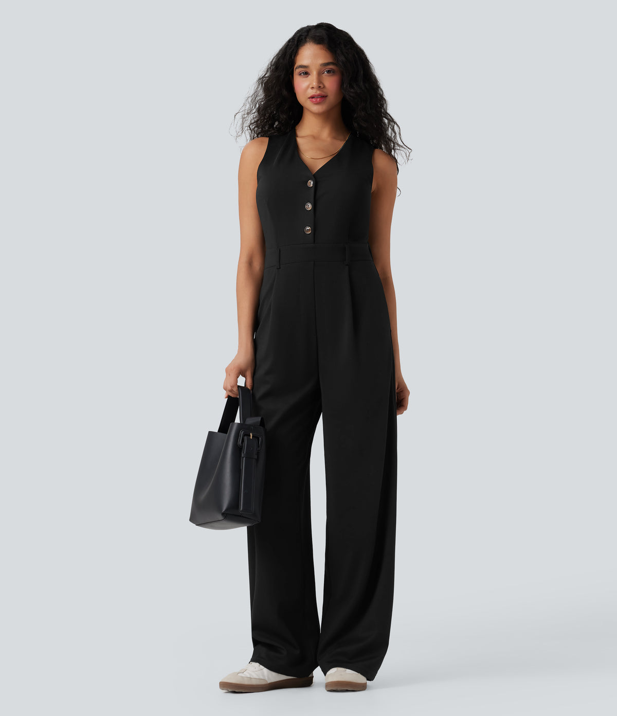 V-neck Sleeveless Casual Vest Jumpsuit with Pockets — Black — view 7