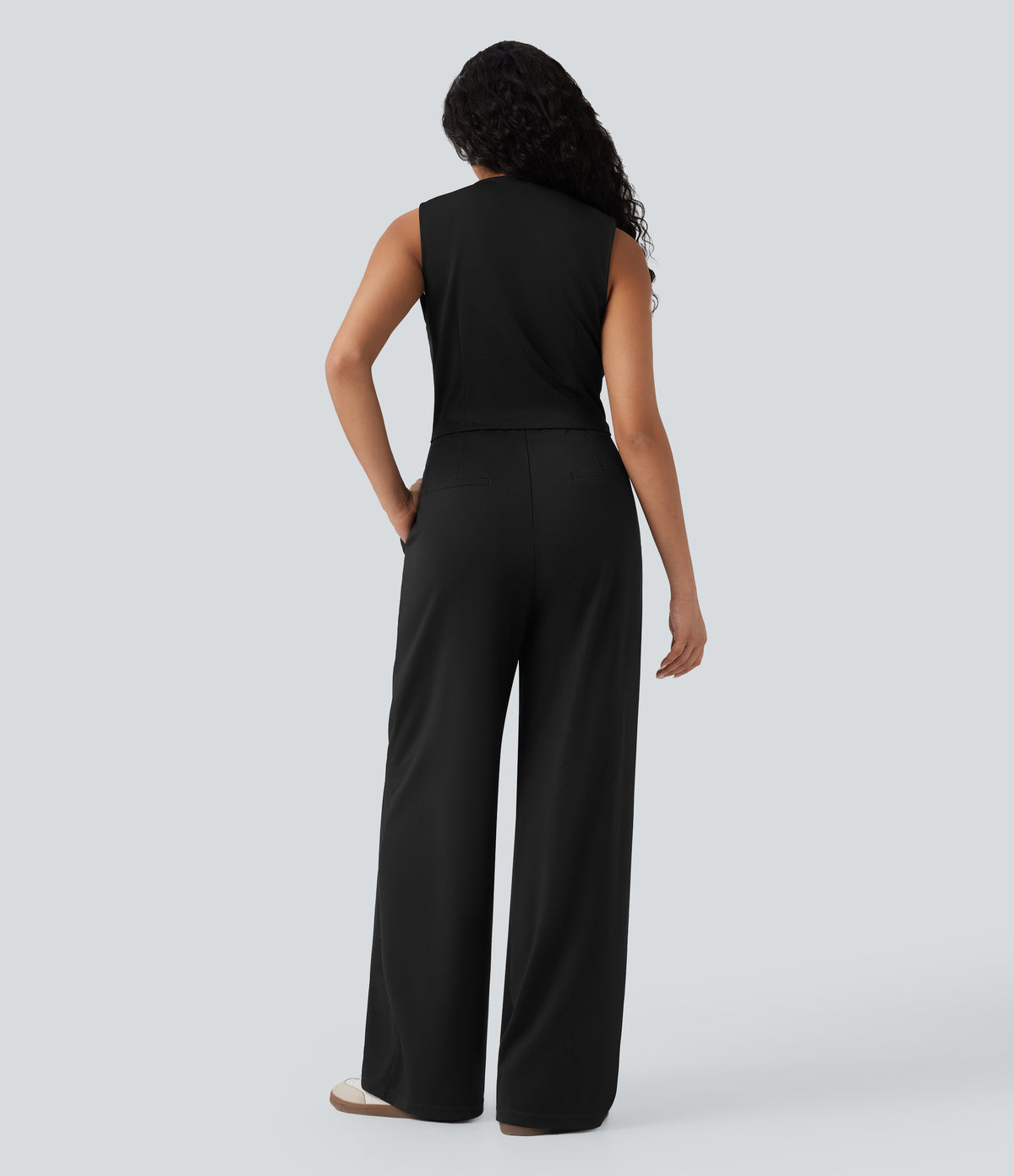 V-neck Sleeveless Casual Vest Jumpsuit with Pockets — Black — view 2