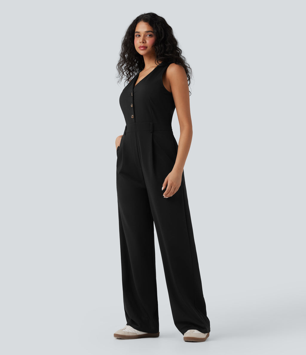 V-neck Sleeveless Casual Vest Jumpsuit with Pockets — Black — view 3