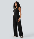V-neck Sleeveless Casual Vest Jumpsuit with Pockets — Black — view 3