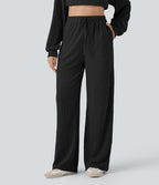 High Waisted Drawstring Cable Knit Casual Trousers with Pockets — Black — view 6