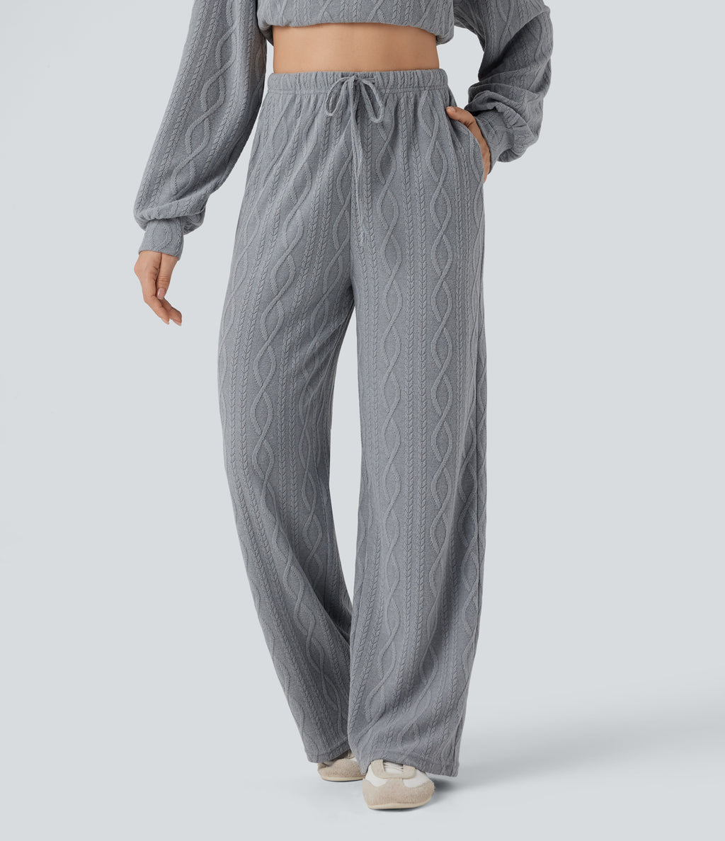 High Waisted Drawstring Cable Knit Casual Trousers with Pockets — Weathervane — view 1