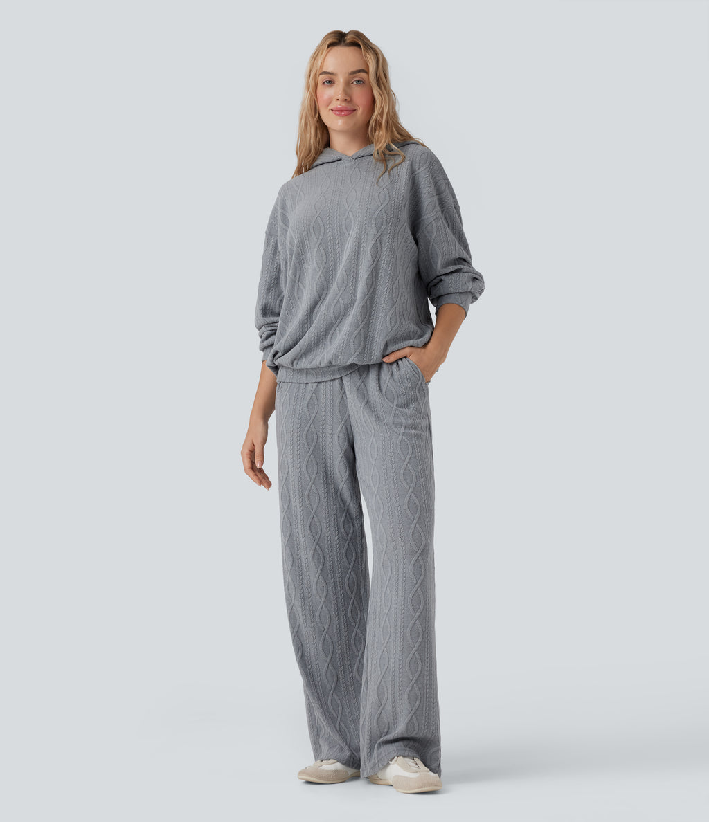 High Waisted Drawstring Cable Knit Casual Trousers with Pockets — Weathervane — view 5