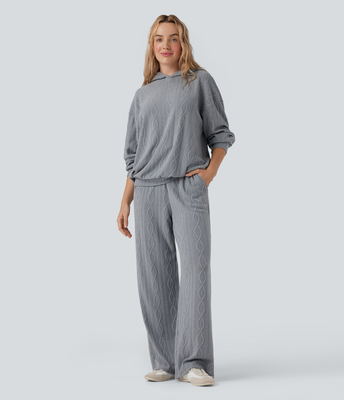 High Waisted Drawstring Cable Knit Casual Trousers with Pockets — Weathervane — view 5