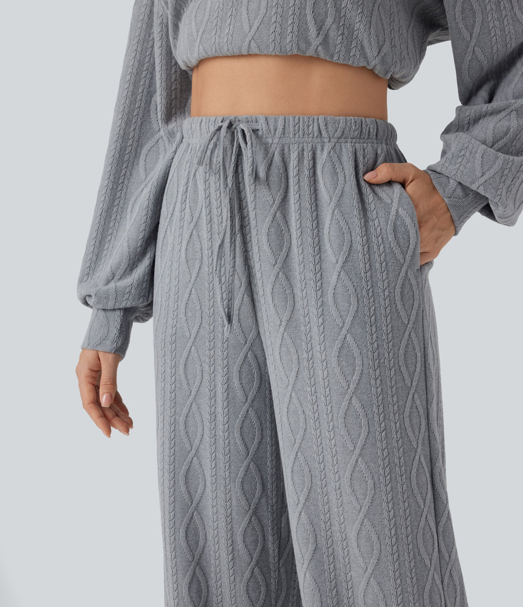 High Waisted Drawstring Cable Knit Casual Trousers with Pockets — Weathervane — view 4
