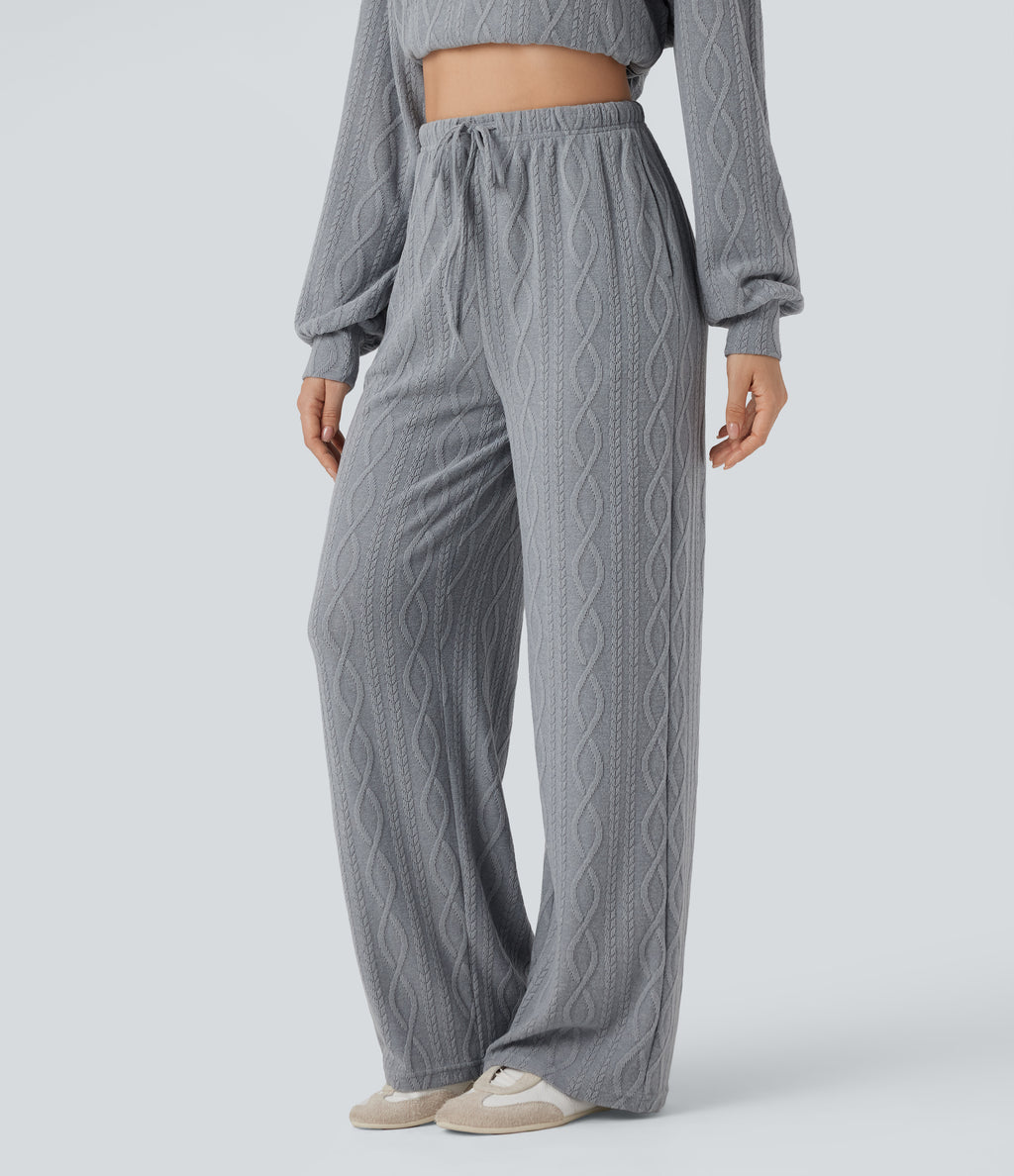 High Waisted Drawstring Cable Knit Casual Trousers with Pockets — Weathervane — view 3