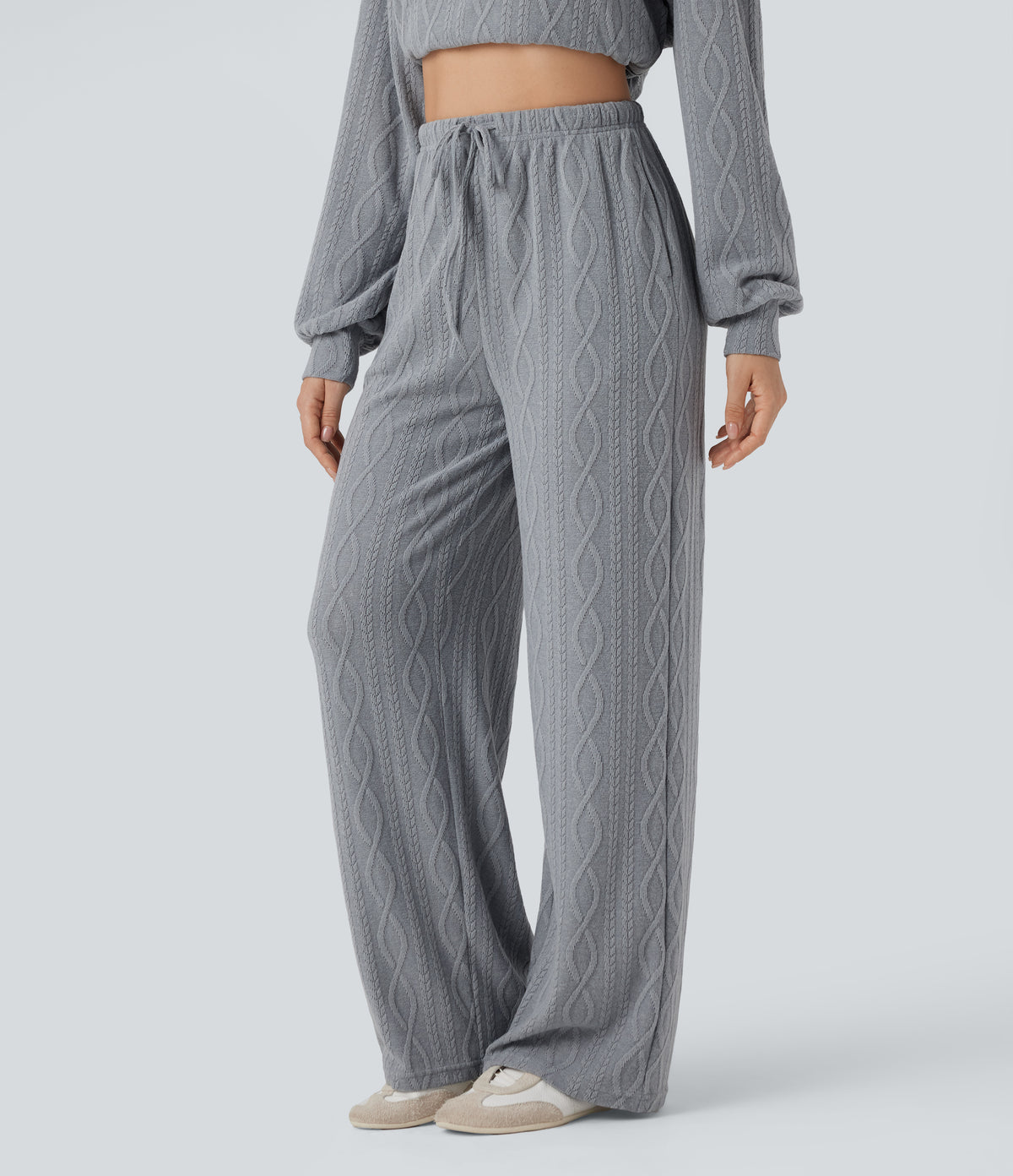 High Waisted Drawstring Cable Knit Casual Trousers with Pockets — Weathervane — view 3