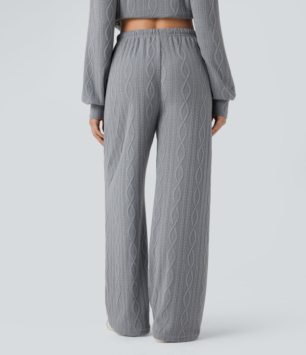 High Waisted Drawstring Cable Knit Casual Trousers with Pockets — Weathervane — view 2