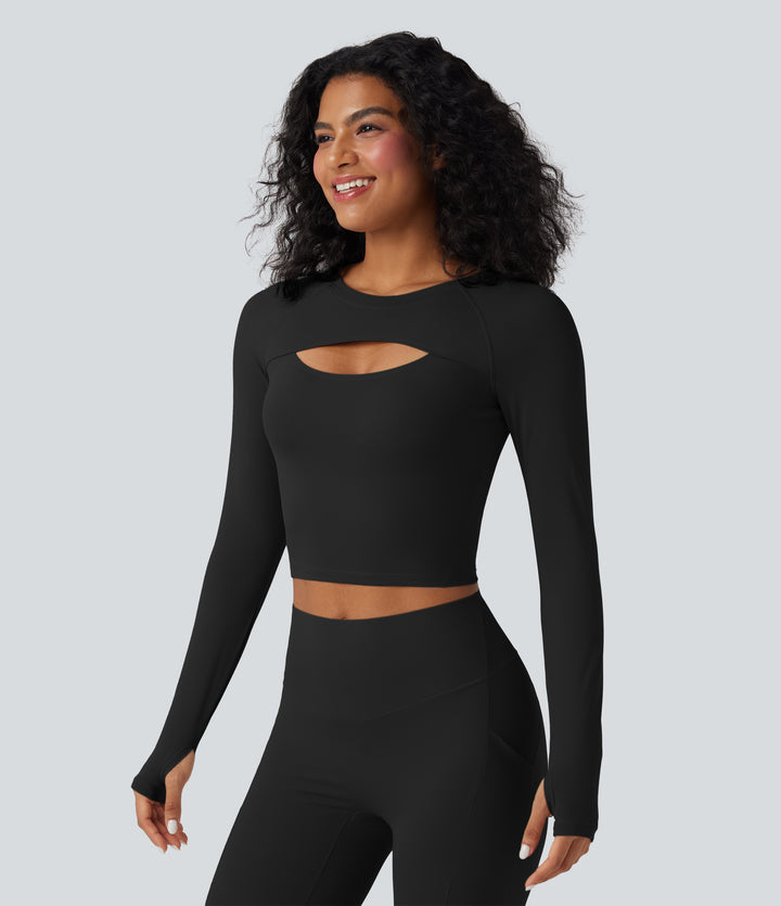 QuickDry Cut Out Long Sleeve Thumb Hole Cropped Yoga Sports Top — Black — view 1