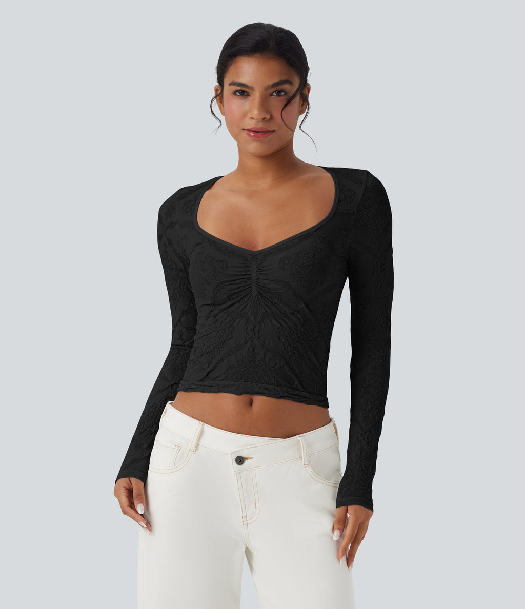 OneForm Seamless Flow Jacquard Sweetheart Neck Long Sleeve Casual Sports Top — Black — view 6