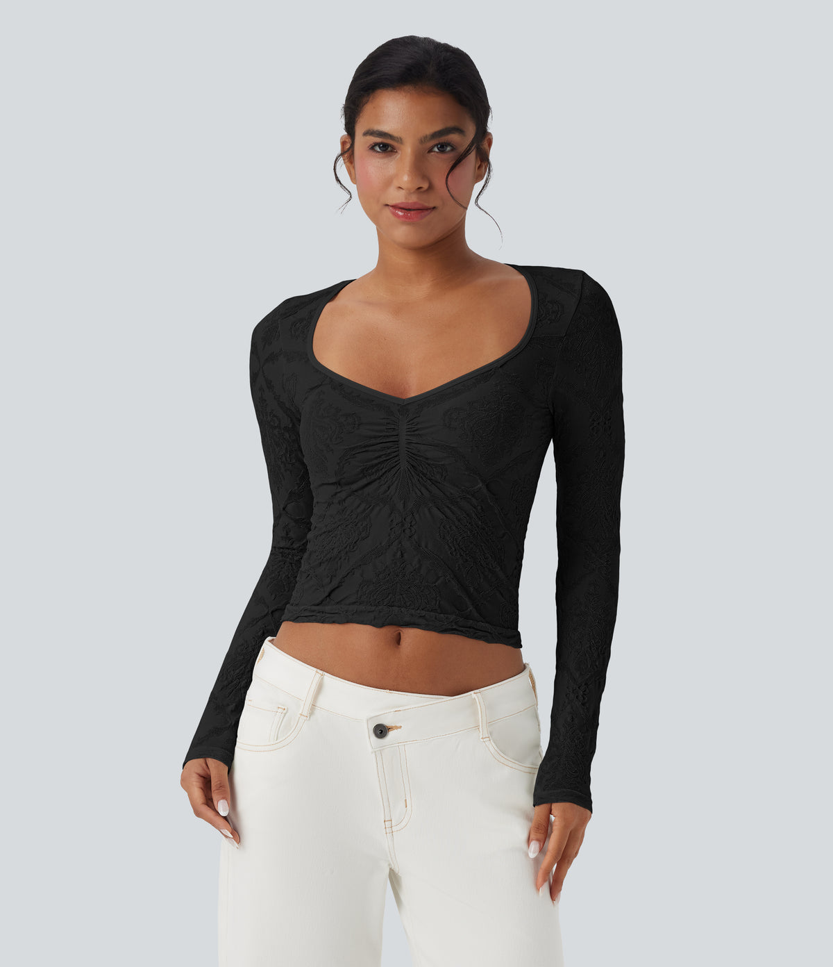 OneForm Seamless Flow Jacquard Sweetheart Neck Long Sleeve Casual Sports Top — Black — view 6