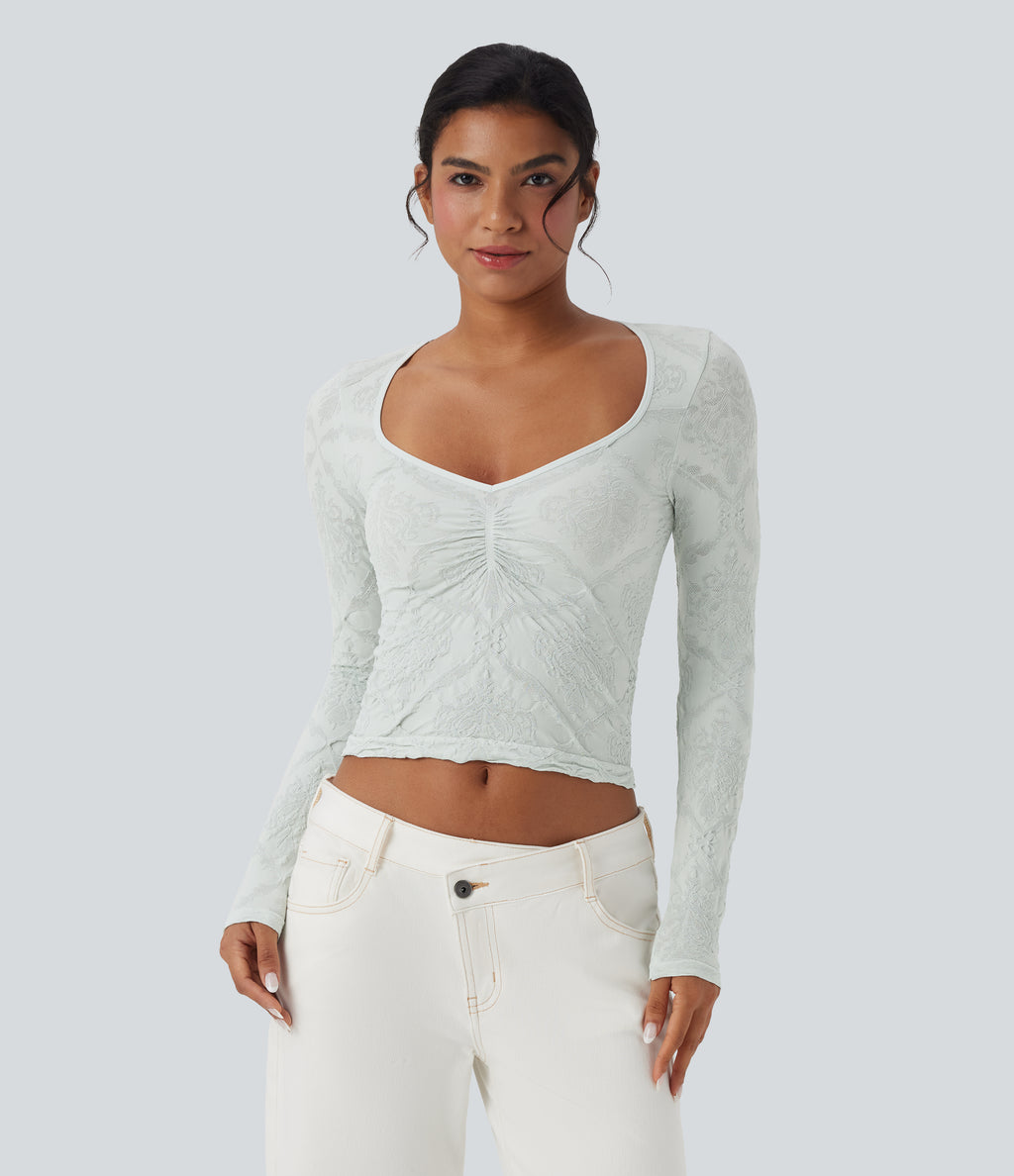 OneForm Seamless Flow Jacquard Sweetheart Neck Long Sleeve Casual Sports Top — Blue Blush — view 2