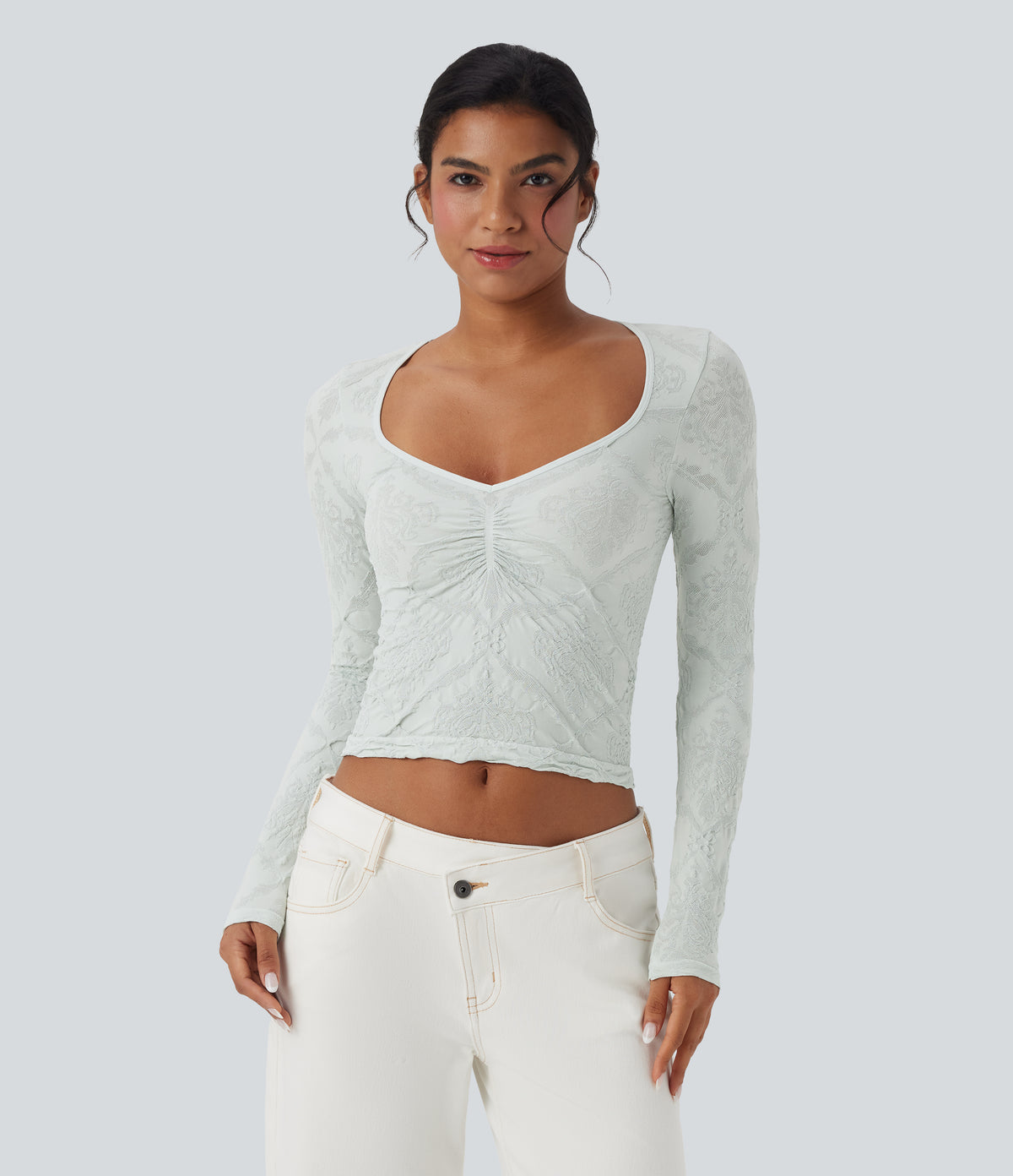 OneForm Seamless Flow Jacquard Sweetheart Neck Long Sleeve Casual Sports Top — Blue Blush — view 2