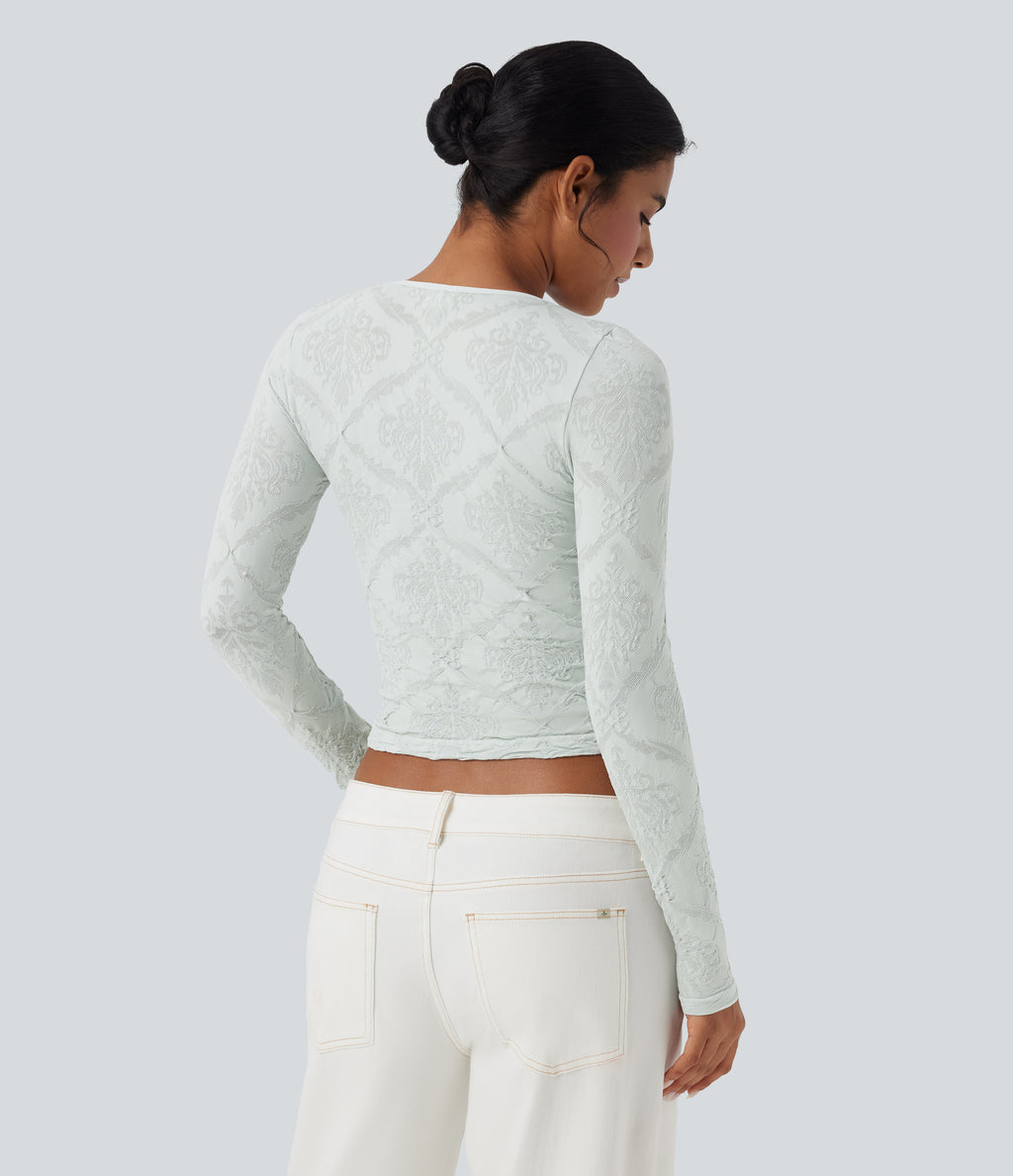 OneForm Seamless Flow Jacquard Sweetheart Neck Long Sleeve Casual Sports Top — Blue Blush — view 3