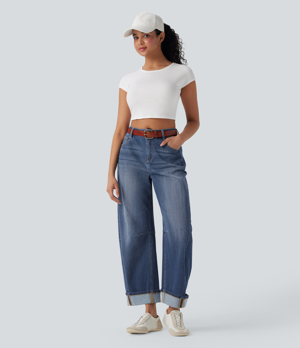 Mid Rise Barrel Leg Washed Casual Jeans with Pockets — Estate Blue Denim — view 7