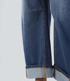 Mid Rise Barrel Leg Washed Casual Jeans with Pockets — Estate Blue Denim — view 6