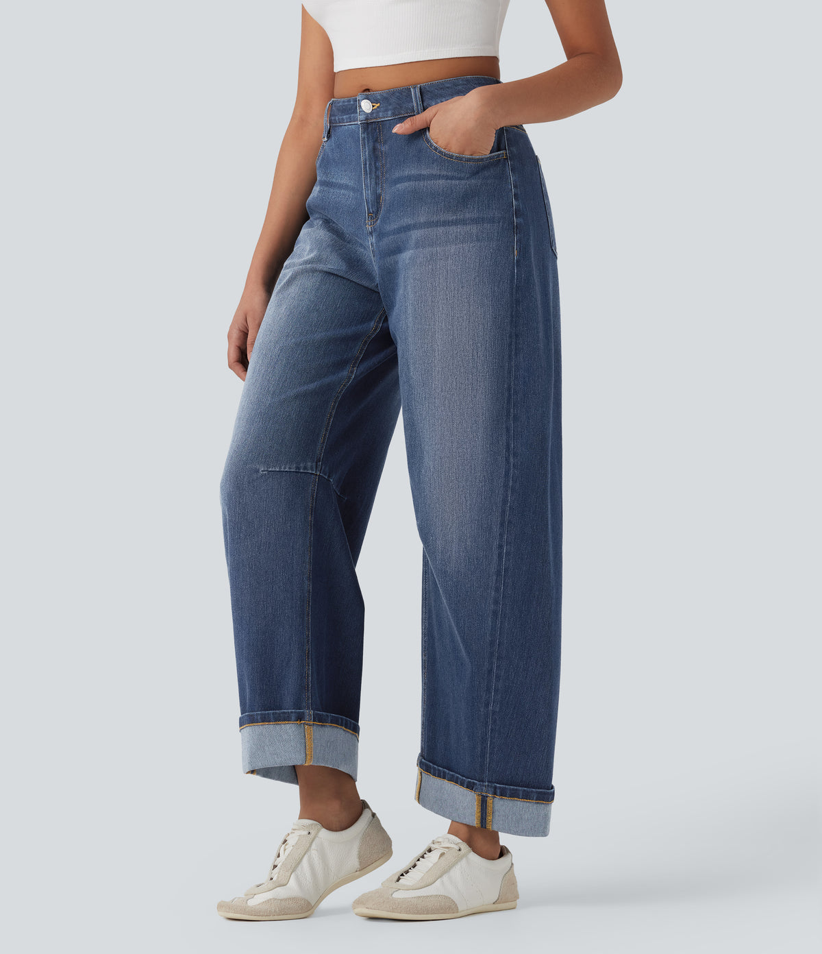 Mid Rise Barrel Leg Washed Casual Jeans with Pockets — Estate Blue Denim — view 3