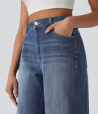 Mid Rise Barrel Leg Washed Casual Jeans with Pockets — Estate Blue Denim — view 5
