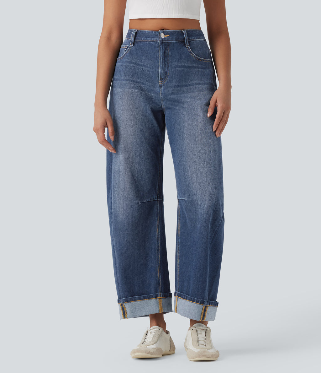 Mid Rise Barrel Leg Washed Casual Jeans with Pockets — Estate Blue Denim — view 1