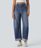 Mid Rise Barrel Leg Washed Casual Jeans with Pockets — Estate Blue Denim — view 1