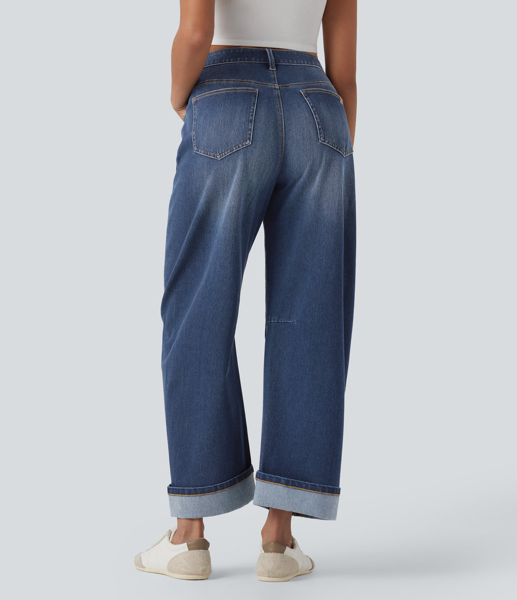 Mid Rise Barrel Leg Washed Casual Jeans with Pockets — Estate Blue Denim — view 2