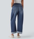 Mid Rise Barrel Leg Washed Casual Jeans with Pockets — Estate Blue Denim — view 2