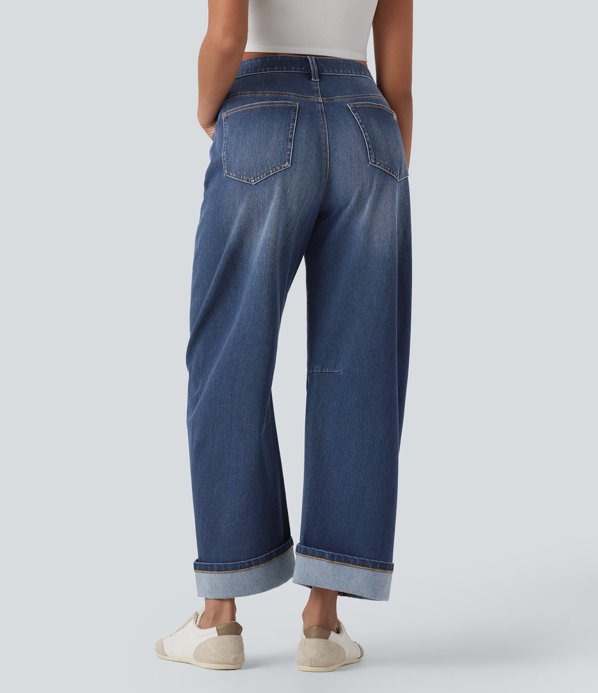 Mid Rise Barrel Leg Washed Casual Jeans with Pockets — Estate Blue Denim — view 2