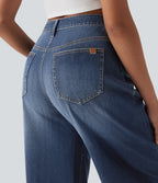 Mid Rise Barrel Leg Washed Casual Jeans with Pockets — Estate Blue Denim — view 4