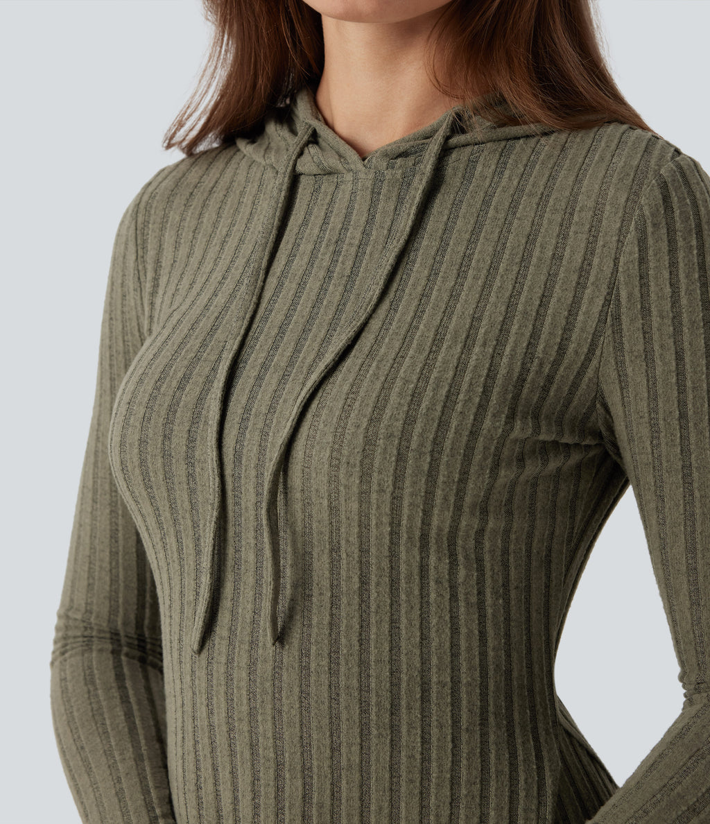 Ribbed Knit Hooded Drawstring Long Sleeve Mini Fleece Casual Dress — Moss Green Floral Velvet — view 6
