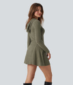 Ribbed Knit Hooded Drawstring Long Sleeve Mini Fleece Casual Dress — Moss Green Floral Velvet — view 1