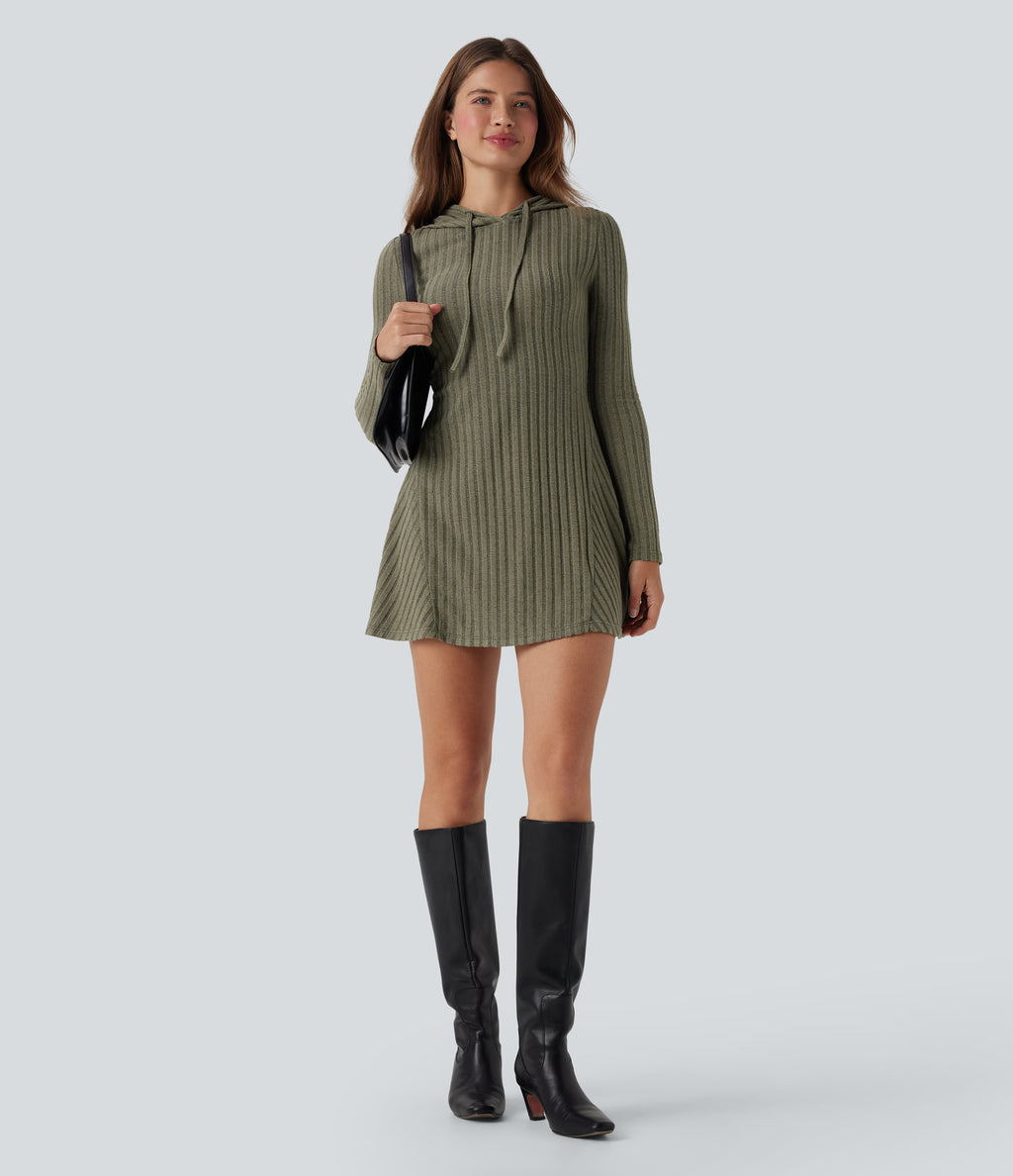 Ribbed Knit Hooded Drawstring Long Sleeve Mini Fleece Casual Dress — Moss Green Floral Velvet — view 2