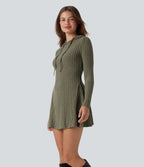 Ribbed Knit Hooded Drawstring Long Sleeve Mini Fleece Casual Dress — Moss Green Floral Velvet — view 3