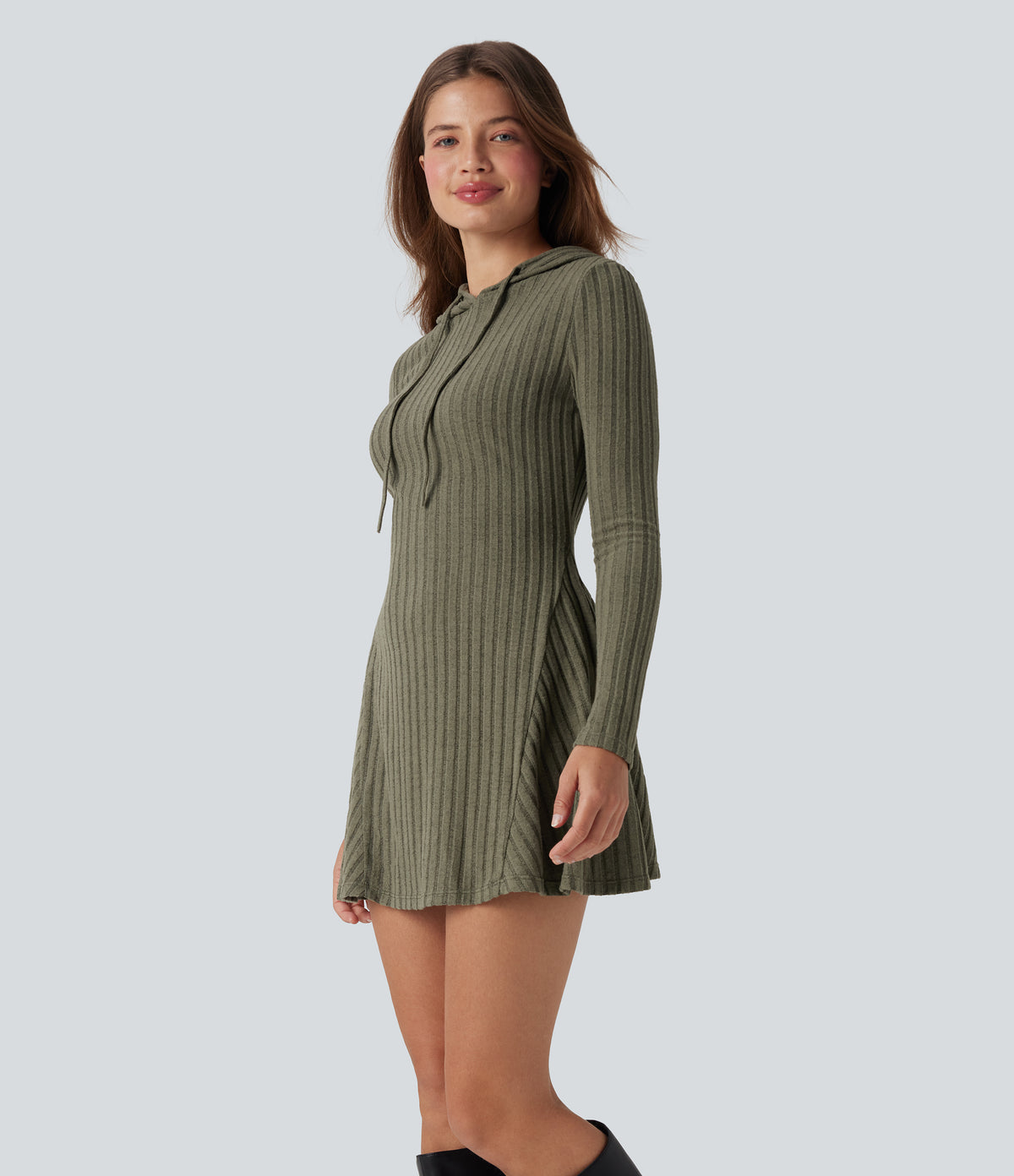 Ribbed Knit Hooded Drawstring Long Sleeve Mini Fleece Casual Dress — Moss Green Floral Velvet — view 3