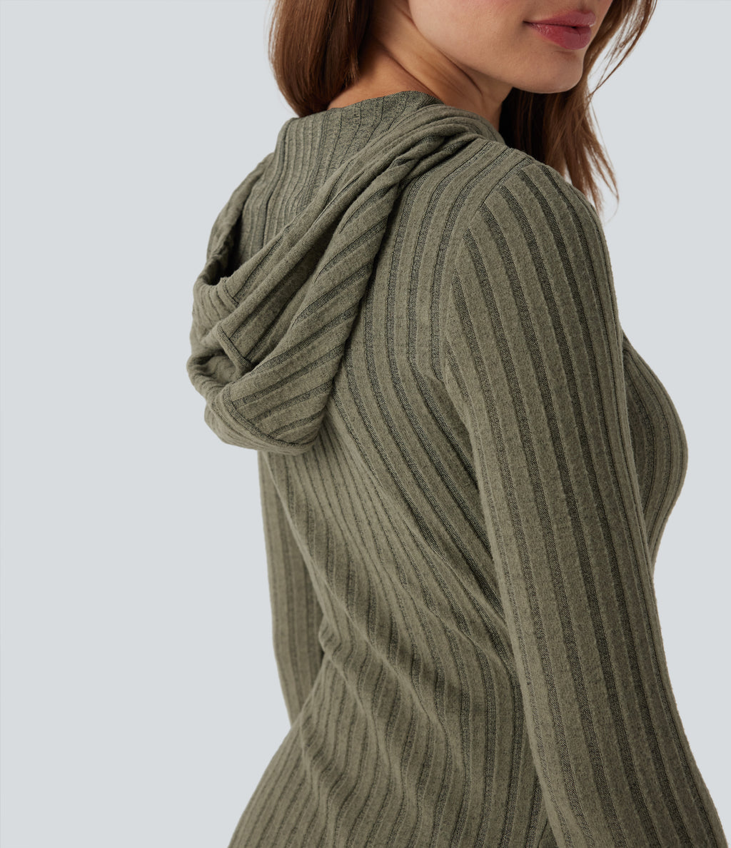 Ribbed Knit Hooded Drawstring Long Sleeve Mini Fleece Casual Dress — Moss Green Floral Velvet — view 5