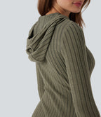 Ribbed Knit Hooded Drawstring Long Sleeve Mini Fleece Casual Dress — Moss Green Floral Velvet — view 5