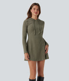Ribbed Knit Hooded Drawstring Long Sleeve Mini Fleece Casual Dress — Moss Green Floral Velvet — view 4