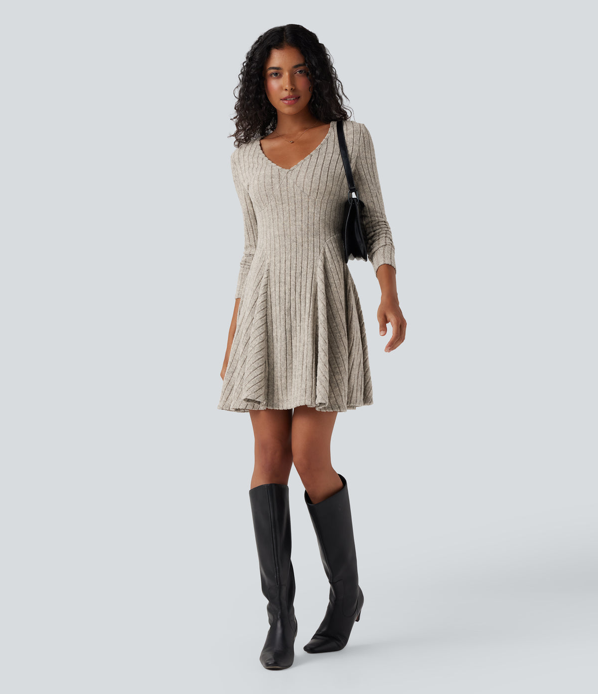 Ribbed Knit V Neck Long Sleeve Flare Mini Casual Dress — Warm Grey Floral Velvet — view 6