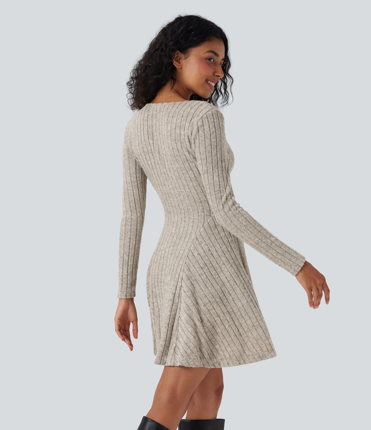 Ribbed Knit V Neck Long Sleeve Flare Mini Casual Dress — Warm Grey Floral Velvet — view 2
