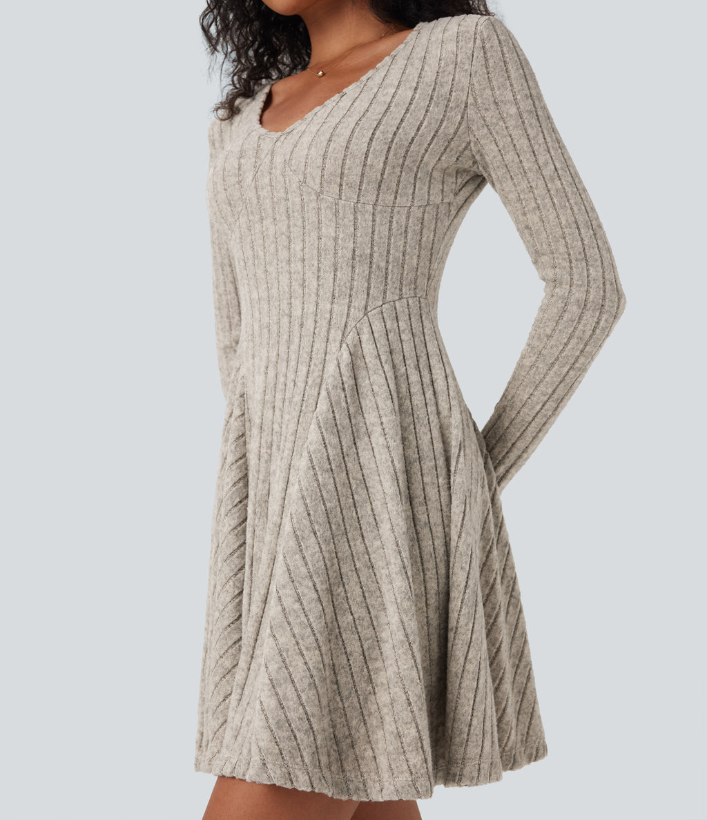 Ribbed Knit V Neck Long Sleeve Flare Mini Casual Dress — Warm Grey Floral Velvet — view 5