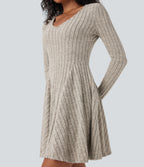 Ribbed Knit V Neck Long Sleeve Flare Mini Casual Dress — Warm Grey Floral Velvet — view 5