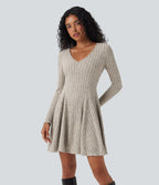 Ribbed Knit V Neck Long Sleeve Flare Mini Casual Dress — Warm Grey Floral Velvet — view 3