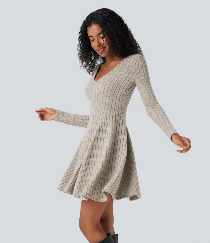 Ribbed Knit V Neck Long Sleeve Flare Mini Casual Dress — Warm Grey Floral Velvet — view 1