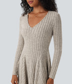 Ribbed Knit V Neck Long Sleeve Flare Mini Casual Dress — Warm Grey Floral Velvet — view 4
