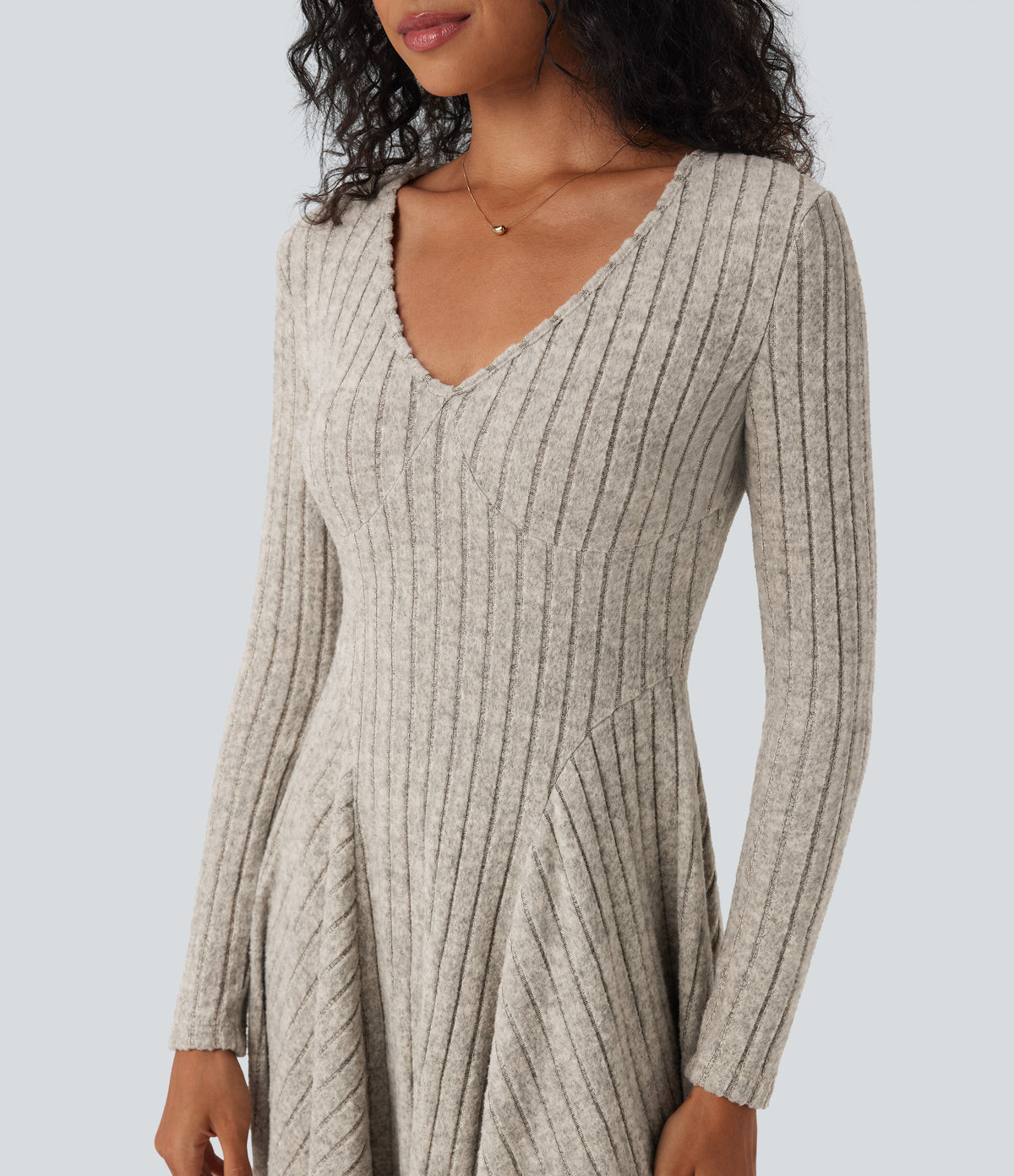 Ribbed Knit V Neck Long Sleeve Flare Mini Casual Dress — Warm Grey Floral Velvet — view 4
